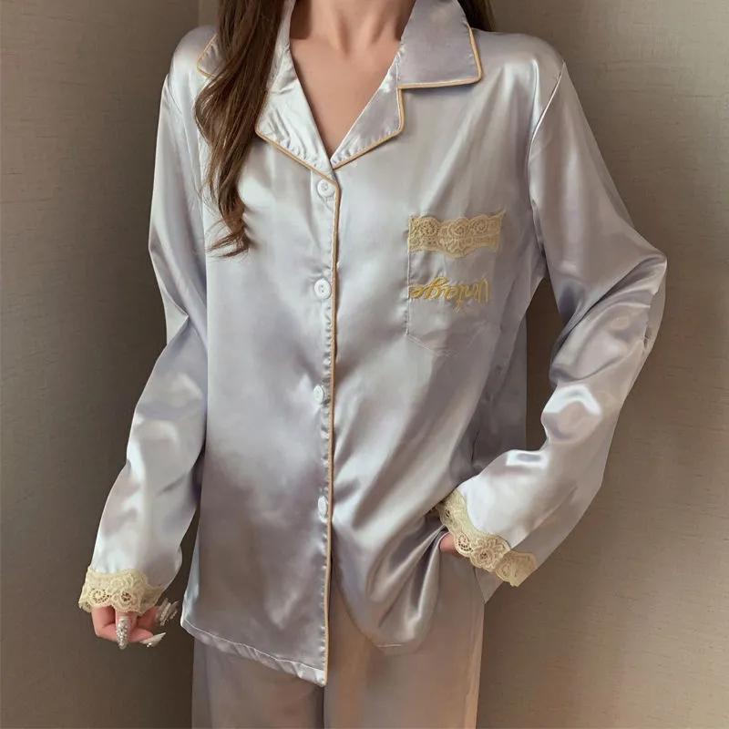 Women's Spring Autumn Long-sleeved Pajamas Set Thin Ice Silk Embroidered Homewear Sexy Simulation Silk Casual Suit Outer Wear Pyjamas Sleeping Suit