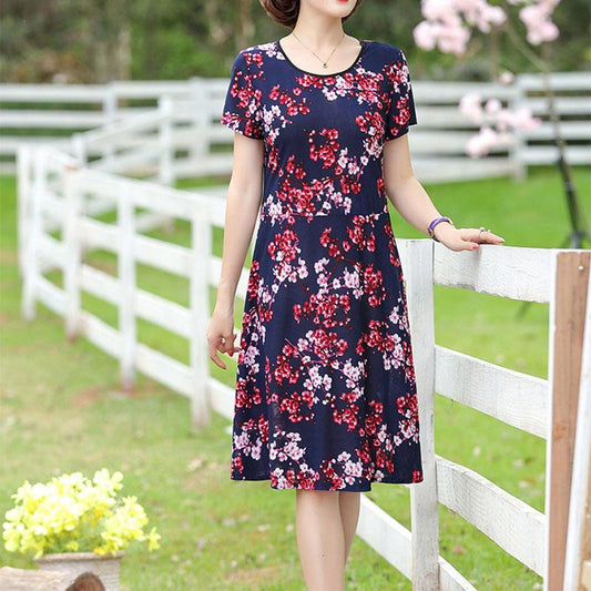 Floral Holiday Style Middle-aged and Elderly Plus Size Women's Dress Short-sleeved Mother Dress Long Skirt Slim Skirt