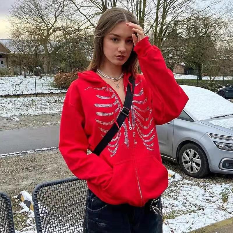 Y2K Rhinestone Skeleton Zip Up Oversized Sweatshirts Summer Goth Hoodies Women Grunge Hooded Jacket Streetwear Retro Clothe