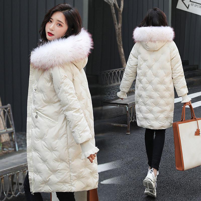 Women's Solid Color Embroidered Down Jacket Mid-length Korean Style Loose Thick Coat Warm Cotton Coat Large Fur Collar Winter Quilted Jacket