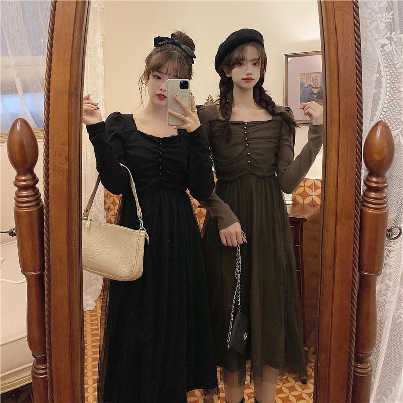 French Dress Korean Style Mid-length Long-sleeved Square Neckline Mesh  Receiving Waist Slim Skirt