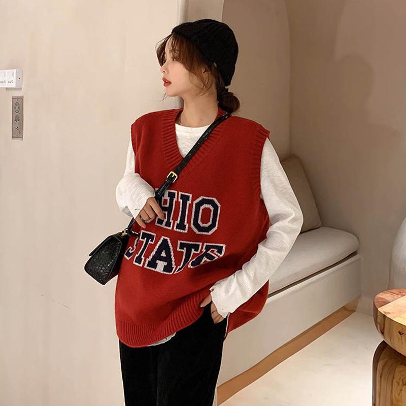 Letter V-neck Knitted Waistcoat Female Autumn Korean Version Was Thin and Western Style Wild Sleeveless Waistcoat Waistcoat
