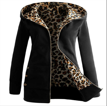 Hooded Thick Leopard Print Sweater Plus Velvet Plus Size Coat Women's Clothing