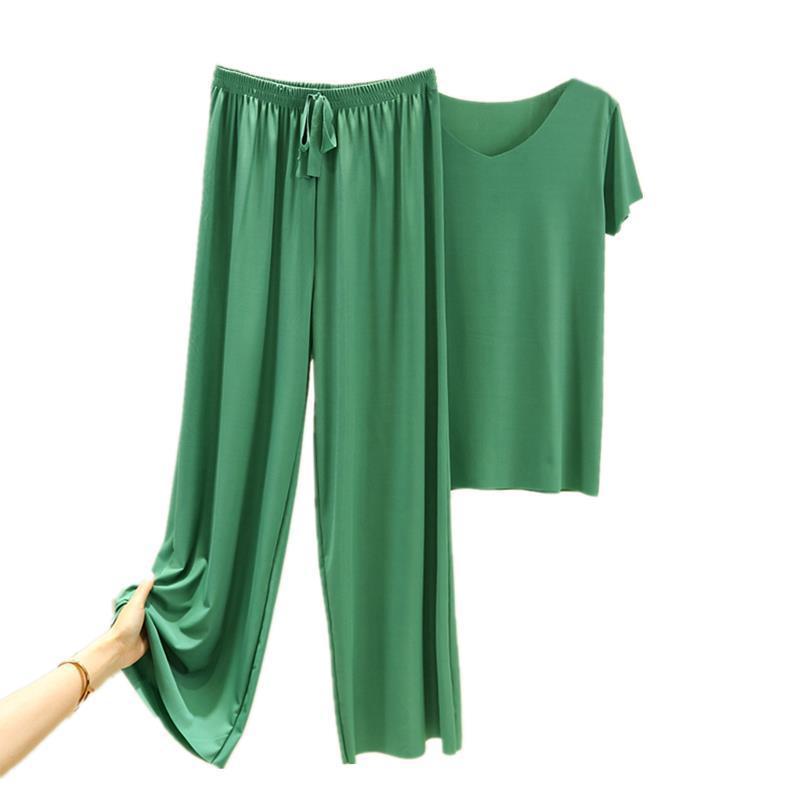 Ice Silk Pajamas Two-piece Short-sleeved Suit Women's Home Wear Casual Loose Wide-leg Pants Pajamas Fabric Light and Soft