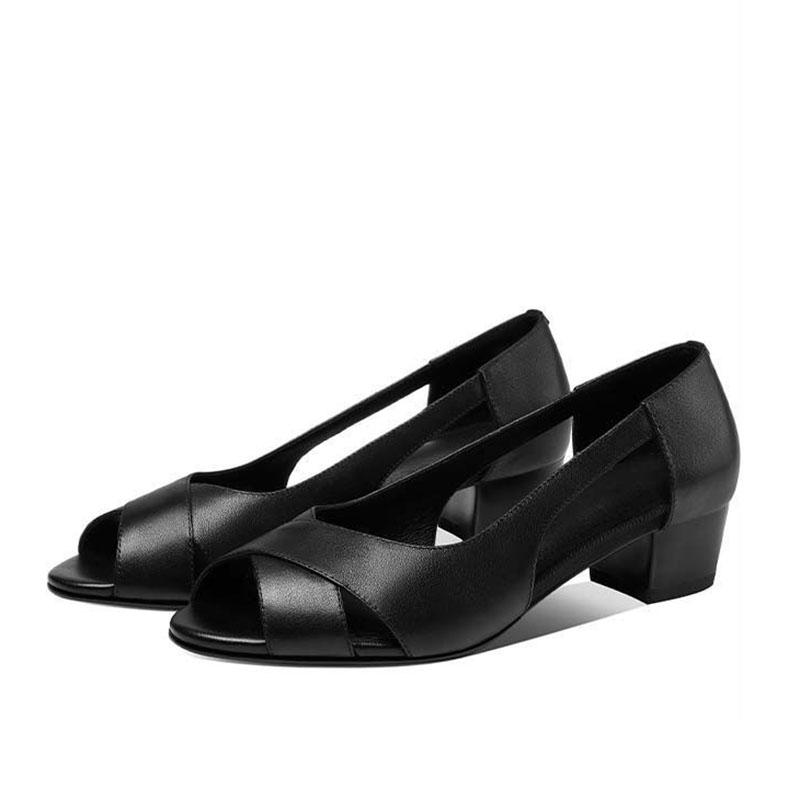 Soft Leather Sandals Women Fish Mouth Thick Heel Sandals Women's Fashion Hollow Roman Medium Heel Leather Shoes