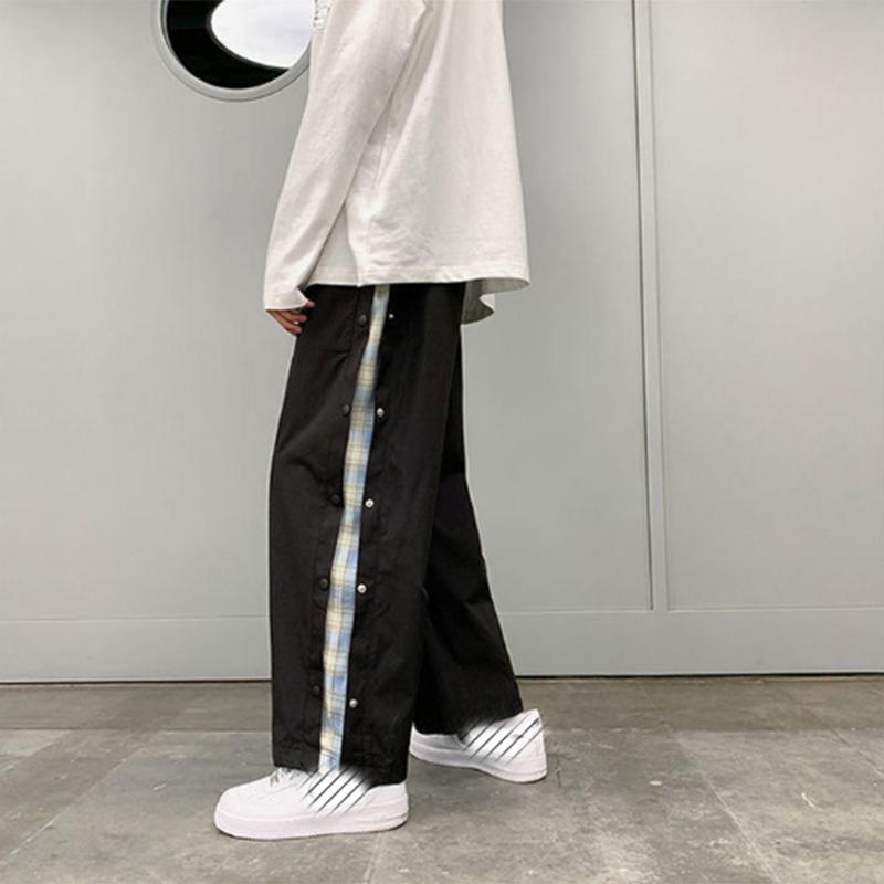 Plaid Contrast Color Breasted Pants Men's Summer Thin Loose Sports Pants Ins Trendy Fat Man Large Size Casual Pants