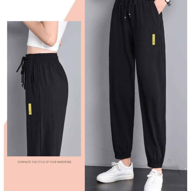 Summer Thin Ice Silk Pants Beam Foot Mosquito Pants Sports Pants Women's Black Loose and Thin High Waist Casual Harem Pants