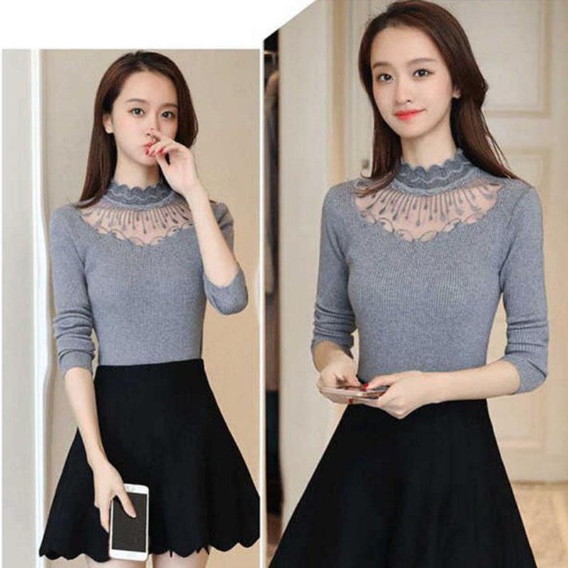 Pofulove Slim Turtleneck Sweater Lace Rhinestone Long Sleeve Base Shirt Knitting Pullover Women