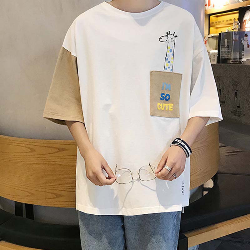 Short-sleeved Male Student Loose Summer Men's Round Neck Colorblock Print Loose T-shirt Casual All-match Top