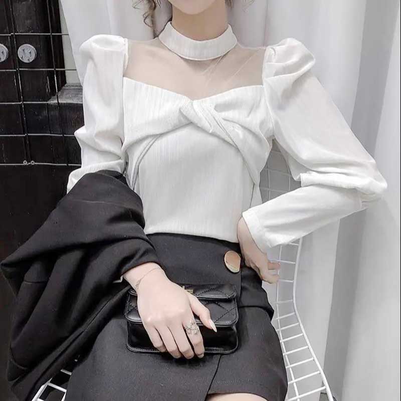 Mesh Velvet Top Spring and Autumn French Style High-end Puff Sleeves Exposed Collarbone Hollow Shirt Women