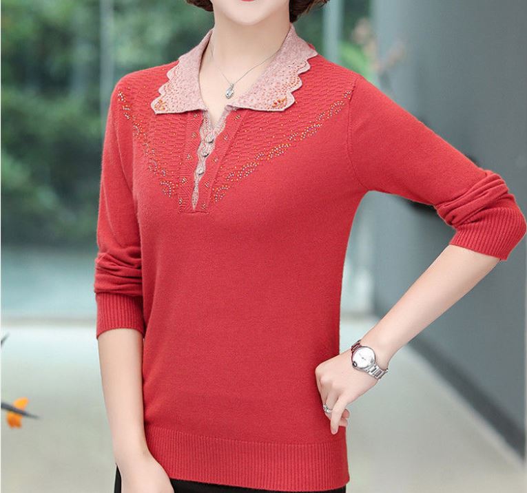 Women's Solid Color Lace Lapel Pullover Knitwear Fashion Lace Neckline Plus Size Sweater
