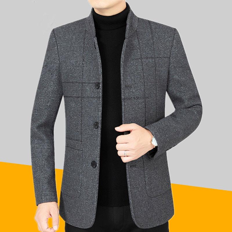 Middle-aged Men's Jacket Autumn and Winter Thick Woolen Coat Woolen Woolen Winter Warm Standing Collar Jacket