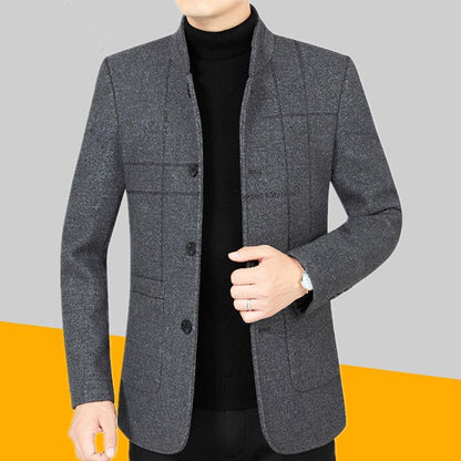 Middle-aged Men's Jacket Autumn and Winter Thick Woolen Coat Woolen Woolen Winter Warm Standing Collar Jacket