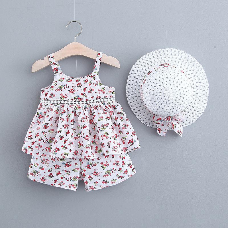 3PCS Children Clothing Set Spring Summer Sling Girls Suits Sleeveless Chrysanthemum Tops + Pants + Hats Clothing Set
