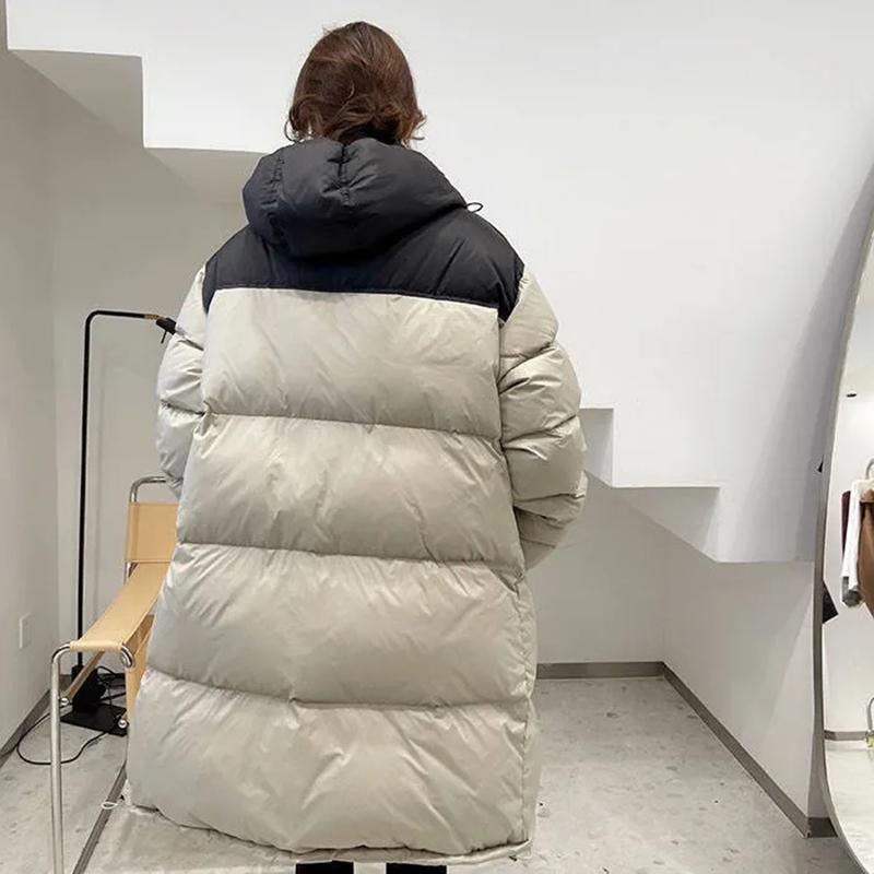 Winter Couple's Mid-length White Duck Down Thickened Coat Student Down Jacket Color Matching Korean Version Loose Cotton Coat Oversized Thick Coat