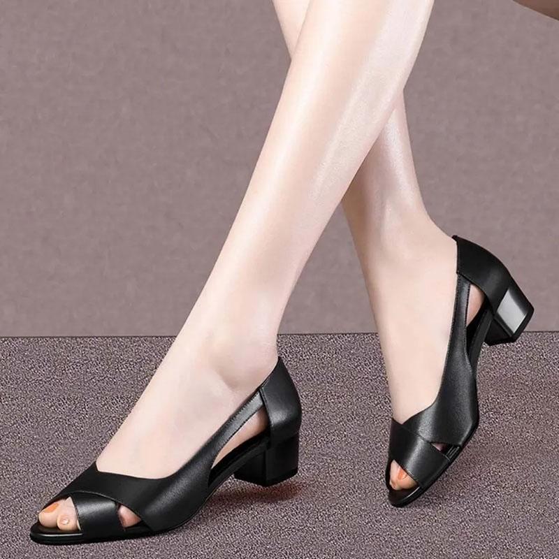 Soft Leather Sandals Women Fish Mouth Thick Heel Sandals Women's Fashion Hollow Roman Medium Heel Leather Shoes