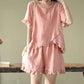 Suit Women Imitation Cotton Linen T-shirt Short-sleeved Top Wide-leg Shorts Two-piece Loose Large Size Casual Suit Home Service