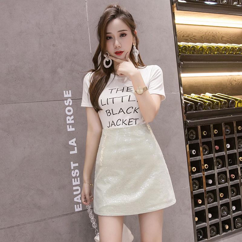 Sequins Sexy Tight A-line Hip Skirt Women Short Skirt Knee-length  Zipper Club Casual Home Office