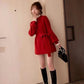 Autumn and Winter Korean Mid-length Red Knitted Sweater Women's Waist Lace Fake Two-piece Blouse