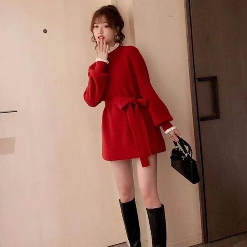 Autumn and Winter Korean Mid-length Red Knitted Sweater Women's Waist Lace Fake Two-piece Blouse