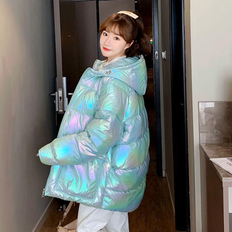 Bright Face Down Padded Jacket Women's Loose Coat Thick Bread Clothes Colorful Cotton Coat Women's Hood Keeps Warm and Comfortable