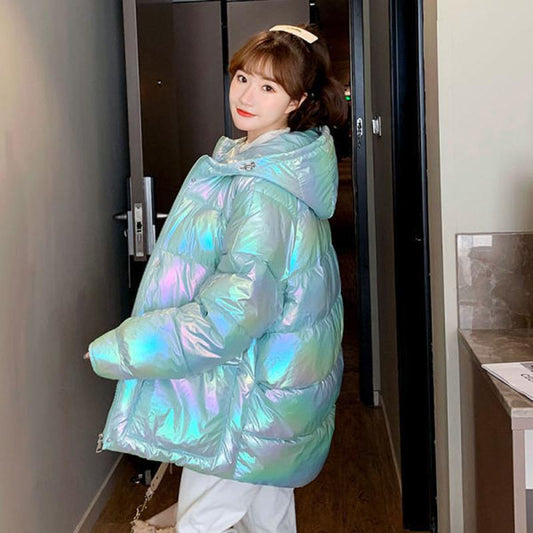 Bright Face Down Padded Jacket Women's Loose Coat Thick Bread Clothes Colorful Cotton Coat Women's Hood Keeps Warm and Comfortable