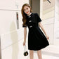 Pofulove Women Chinese O-neck Bow Dress Slim Short Sleeve Short Dress Stand Collar Black Dress