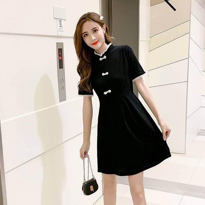 Pofulove Women Chinese O-neck Bow Dress Slim Short Sleeve Short Dress Stand Collar Black Dress