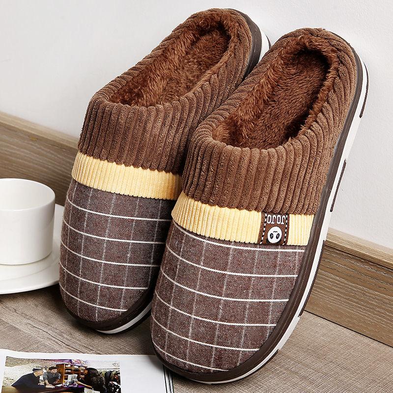 Winter Cotton Slippers Men's Plaid Non-slip Warm Thickened Plush Slippers for Home Use