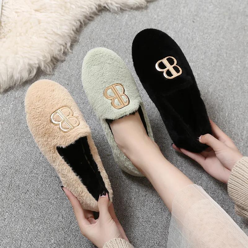 Hairy Shoes Women's Autumn All-match Round-toe Flat-bottomed Comfortable Lazy Casual Pedal Peas Shoes Moccasin Shoes