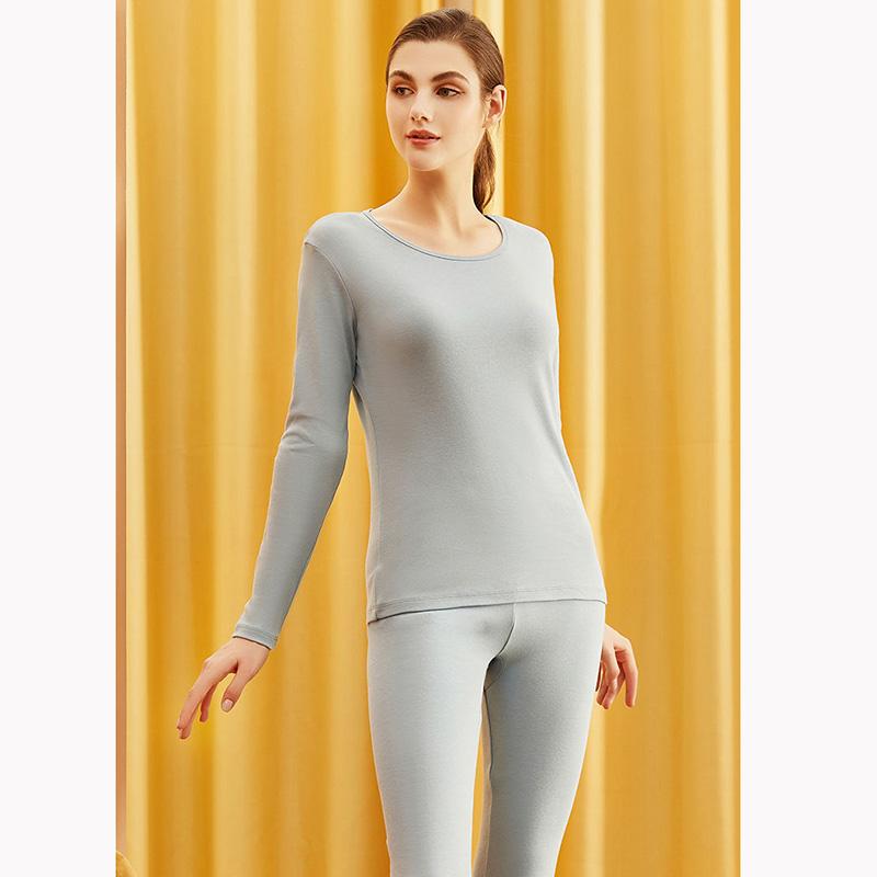Women's Long Sleeve Cotton Thermal Underwear Round Neck Solid Color Bottoming Pajama Set Slim Fit Elastic Pants Two Piece Set Sleeping Suit