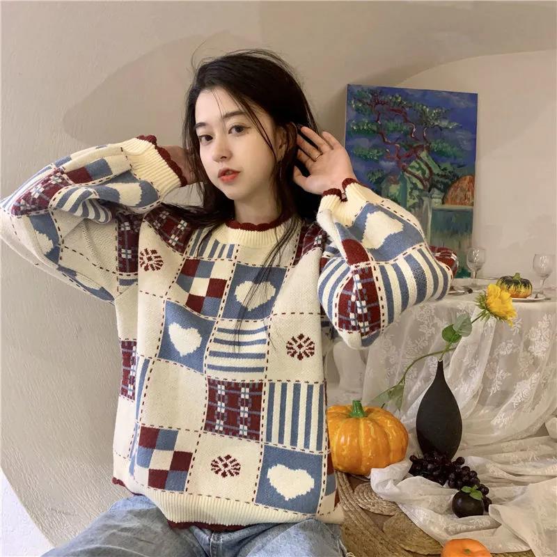 Women's Large Size Sweater Loose Outer Wear Autumn and Winter Long Sleeve Contrast Color Sweater Versatile Tops