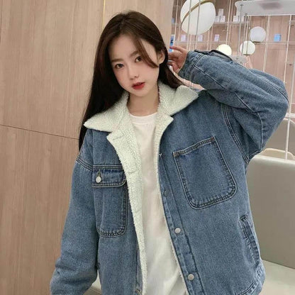 Women's Thick Denim Jacket Autumn and Winter Korean Style Wild Mid-length Lamb Hair Plus Velvet Cotton Clothes Women