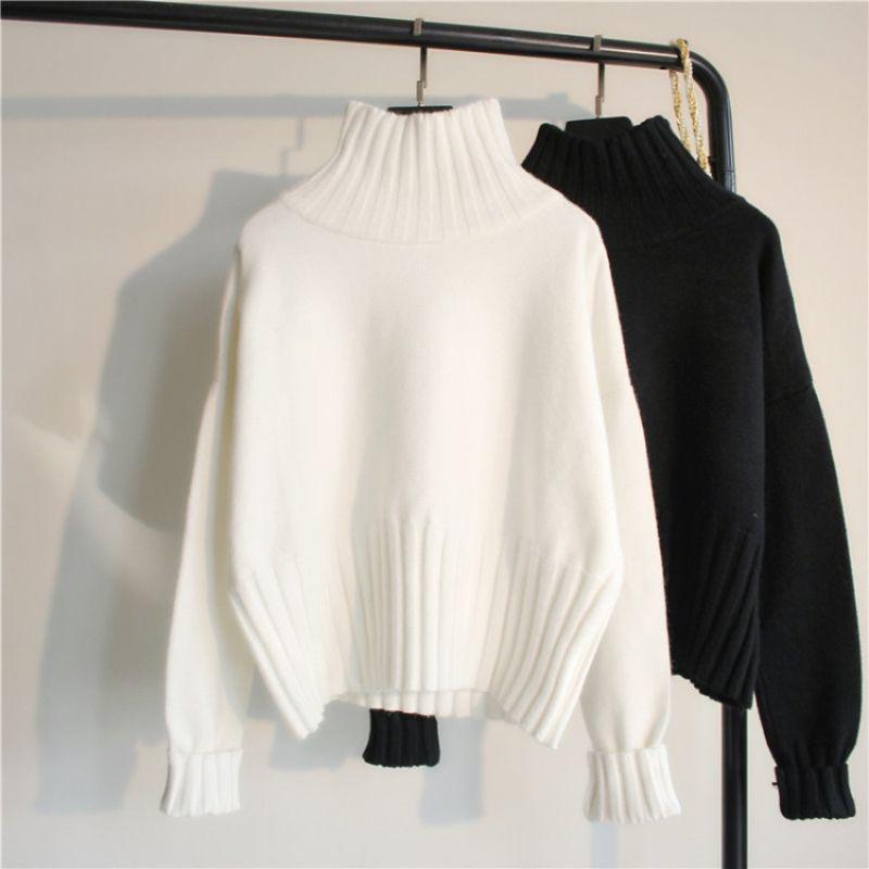 Podilove long-sleeve bottoming shirt white short section loose lazy wind turtleneck small fresh