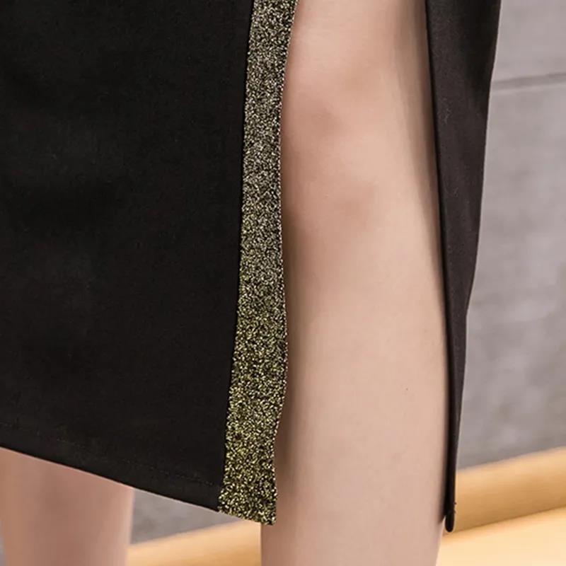 Half-length Skirt Female Summer Mid-length Bright Silk Stitching High Waist Bag Hip Skirt Black Professional Split One-step Skirt