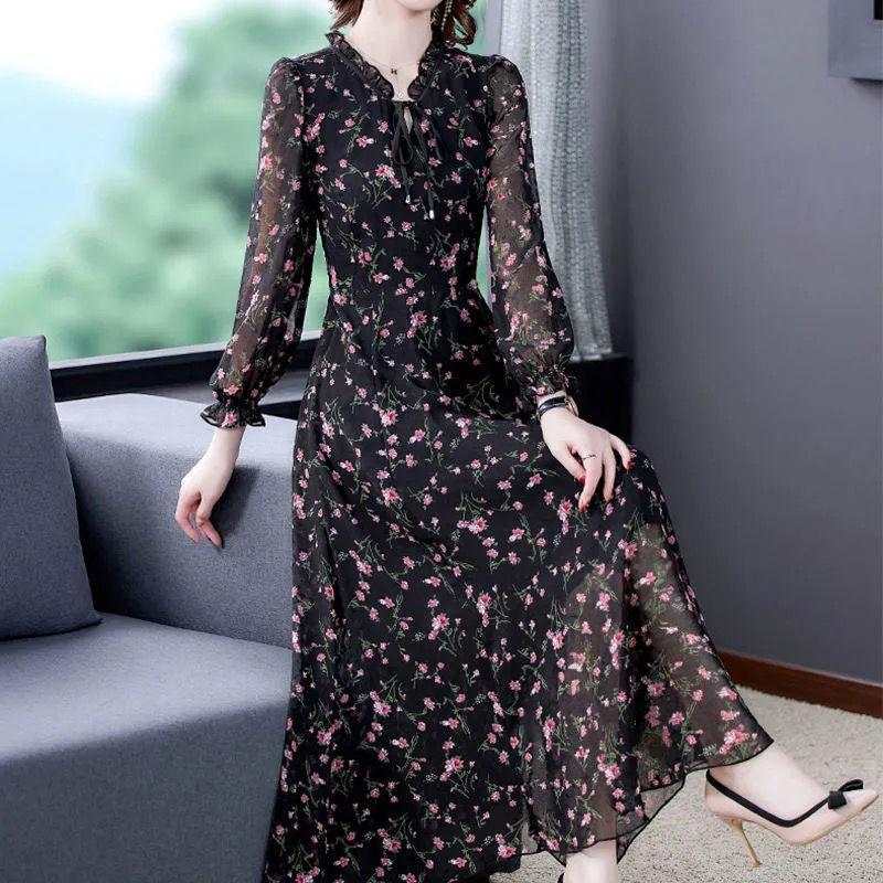 Spring Summer Plus Size Women's Floral Dress Chiffon Long-sleeved Dress Slim Slimming Casual Long Skirt