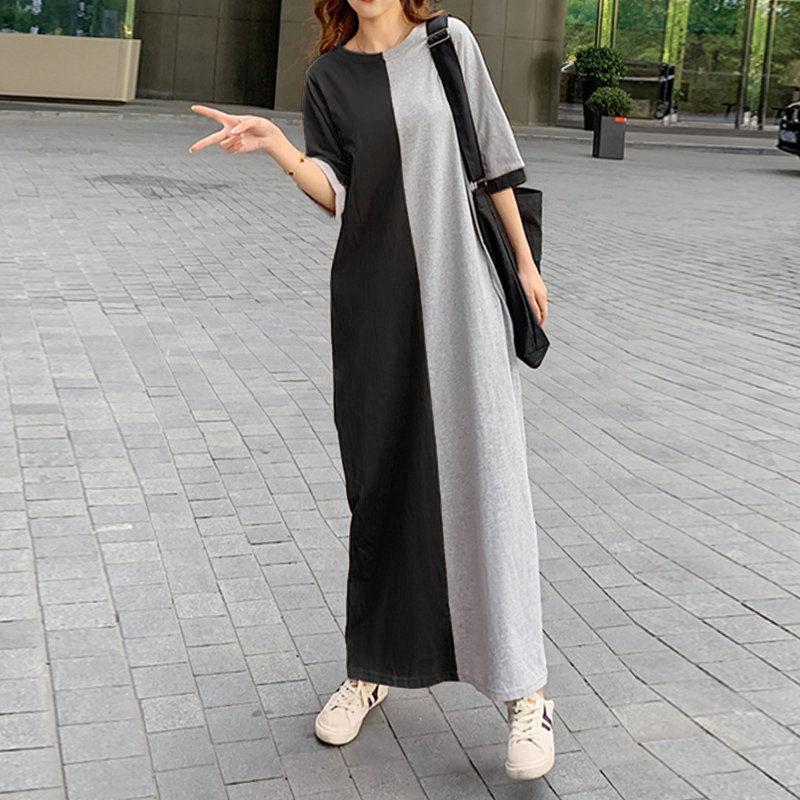 Oversized Women's Cotton Loose Stitching Color Women's Summer Dress Short Sleeve Long Over The Knee Dress