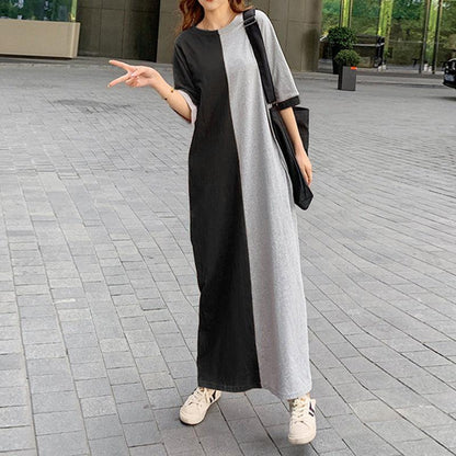 Oversized Women's Cotton Loose Stitching Color Women's Summer Dress Short Sleeve Long Over The Knee Dress