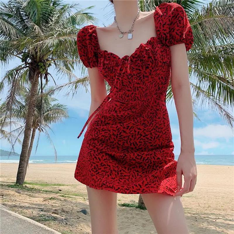 One-Shoulder Puff Sleeve Leopard Dress Women's Summer Slim Skirt