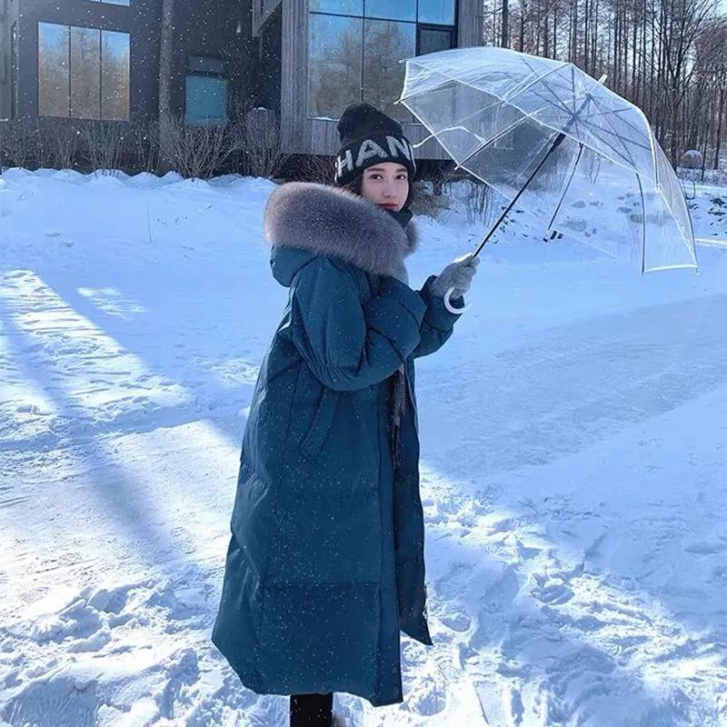 Down Jacket Women's Mid-length Big Fur Collar Korean Fashion Loose Thick Over-knee Winter Hooded Jacket Tide