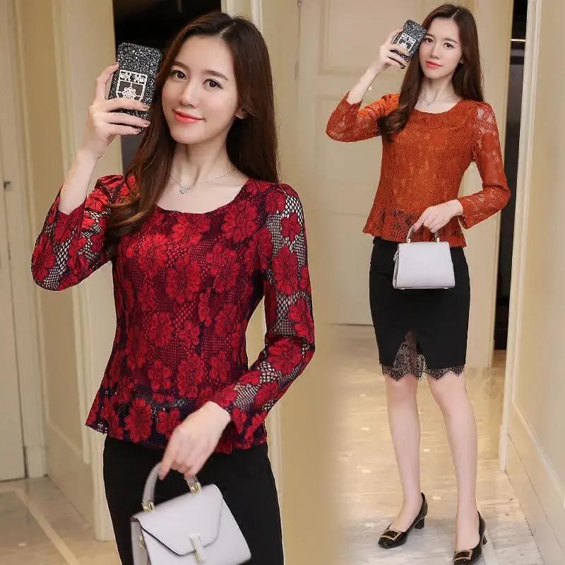 Women's Spring and Autumn Plus Size Long Sleeve Bottoming Shirt Lace Round Neck Slim Top
