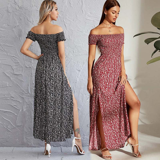 Women's Sexy Slit Wrap Chest One-shoulder Floral Dress Temperament One-piece Dress