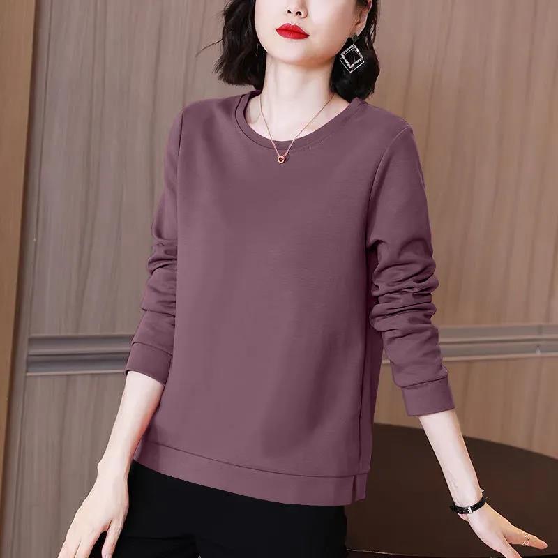 Women Cotton Pullover Spring Solid Color Shirt Long Sleeve T-shirt Casual Slit Bottoming Shirt