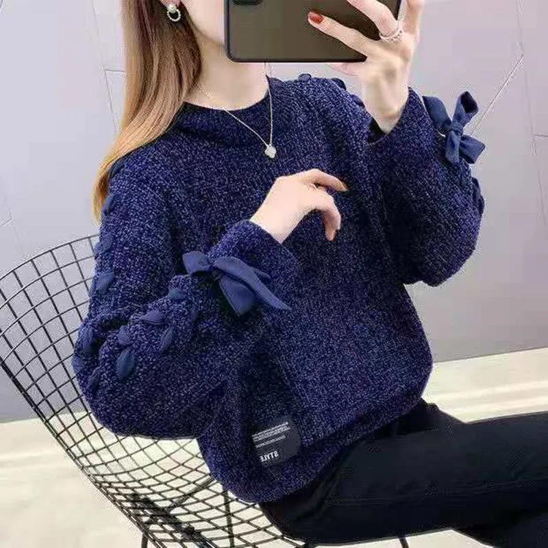 Fleece Chenille Crew Neck Sweater Tie Bow Long Sleeve Knit Sweater Solid Color Loose Oversized Sweater