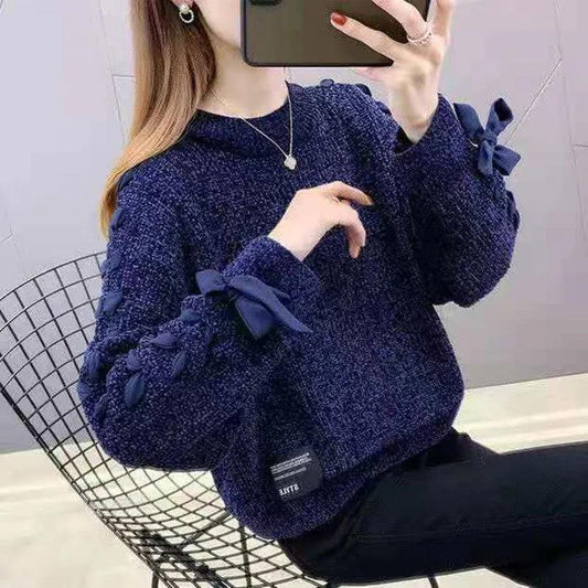 Fleece Chenille Crew Neck Sweater Tie Bow Long Sleeve Knit Sweater Solid Color Loose Oversized Sweater