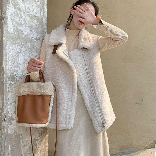 Lamb Plush Vest Women's Outer Wear Vest All-match Fur One-piece Waistcoat Vest Jacket Stand-up Collar Sleeveless Zipper Jacket