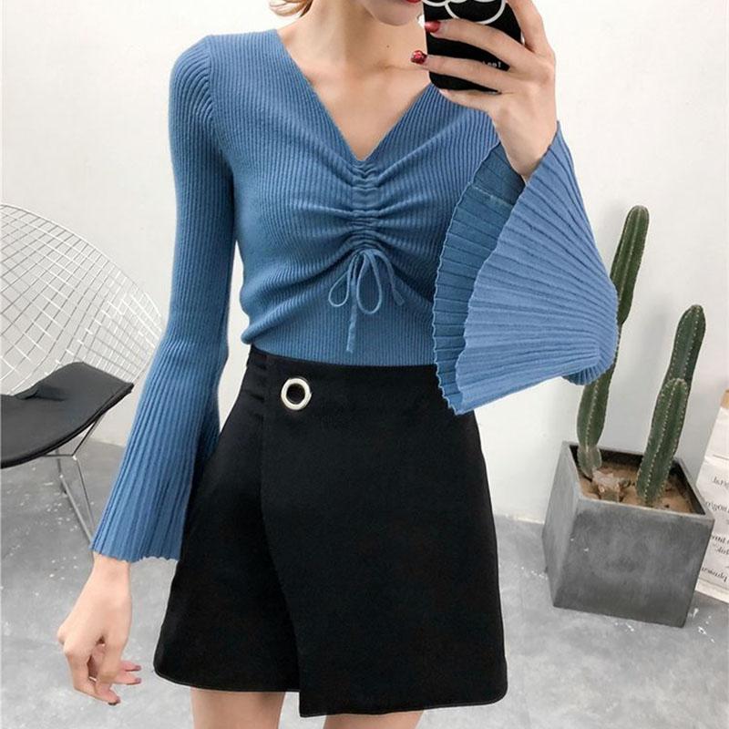 2021 Early Autumn Sweater Women's V-neck Drawstring Long-sleeved Pleated Flared Sleeve Sweater Top Bottoming