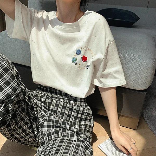 Planet Embroidery Women Short Sleeve Embroidery Tops Summer Loose Casual T-Shirt Tee