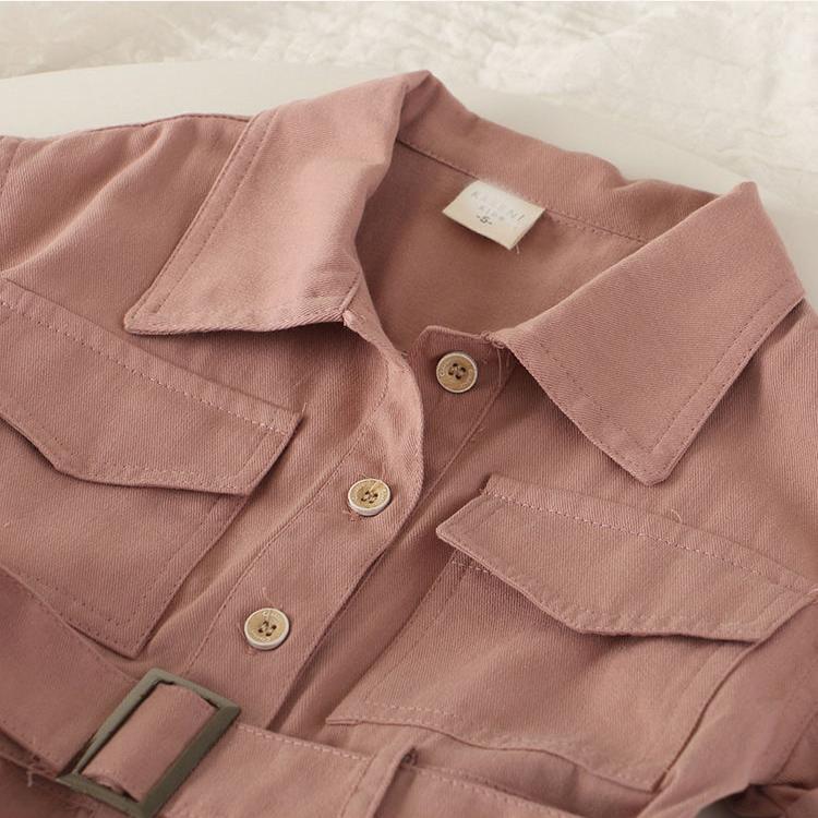 Girls' Denim One-piece Suit Summer Children's Work Clothes One-piece Pants Single breasted Belt Button Korean Style Casual Set