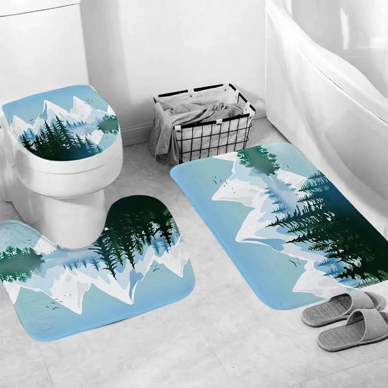 Nordic Snow Mountain Shower Curtain Four-piece Digital Printing Shower Curtain Shower Cover Free Perforated Shower Curtain Set
